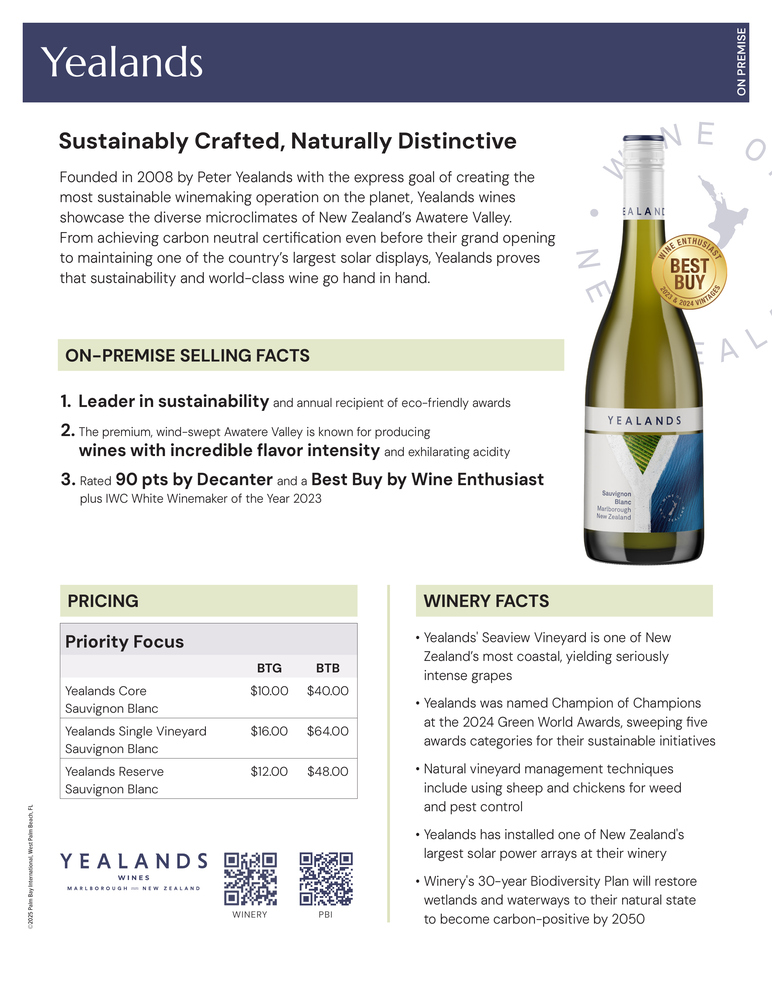 Yealands Fact Sheet: On Premise