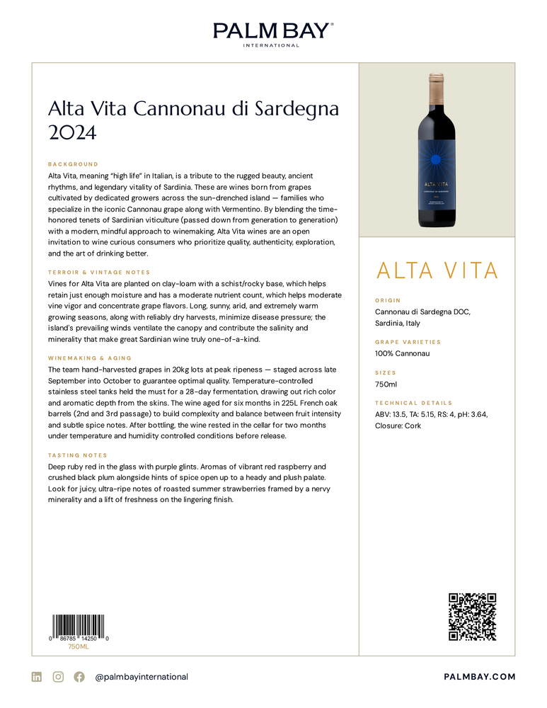 Alta Vita Alta Vita Cannonau di Sardegna 2024 - Tech Sheet