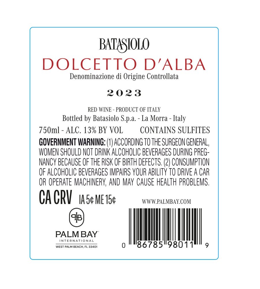 Batasiolo Dolcetto d'Alba DOC 2023 - Back Label