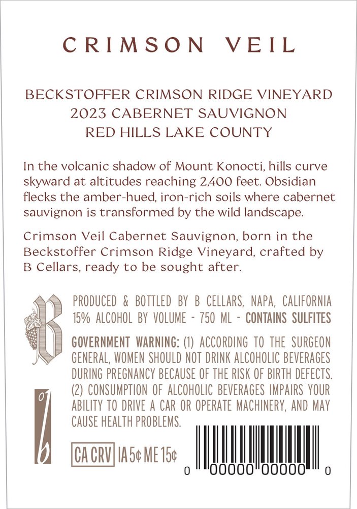 Beckstoffer Crimson Ridge Vineyard Crimson Veil Beckstoffer Crimson Ridge Vineyard Cabernet Sauvignon 2023 - Back Label