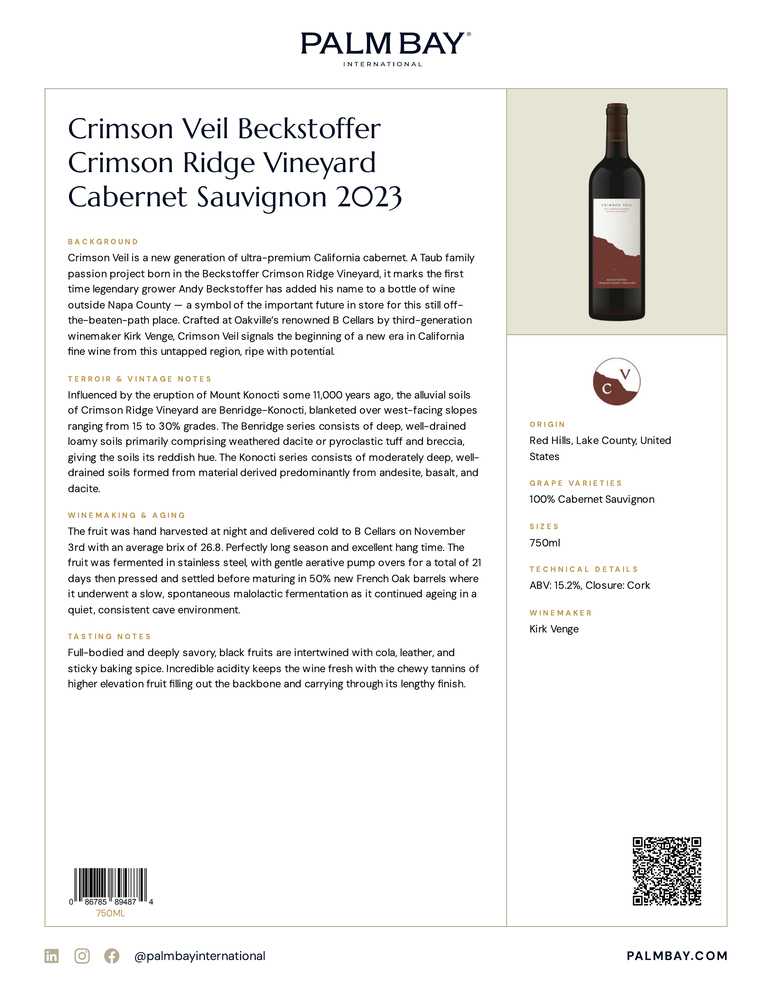 Beckstoffer Crimson Ridge Vineyard Crimson Veil Beckstoffer Crimson Ridge Vineyard Cabernet Sauvignon 2023 - Tech Sheet