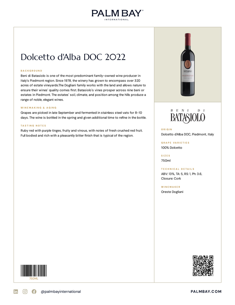 Beni di Batasiolo Dolcetto d'Alba DOC 2022 - Tech Sheet