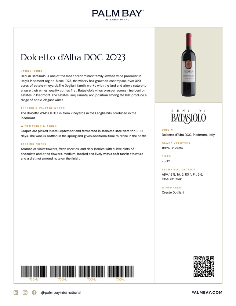 Beni di Batasiolo Dolcetto d'Alba DOC 2023 - Tech Sheet