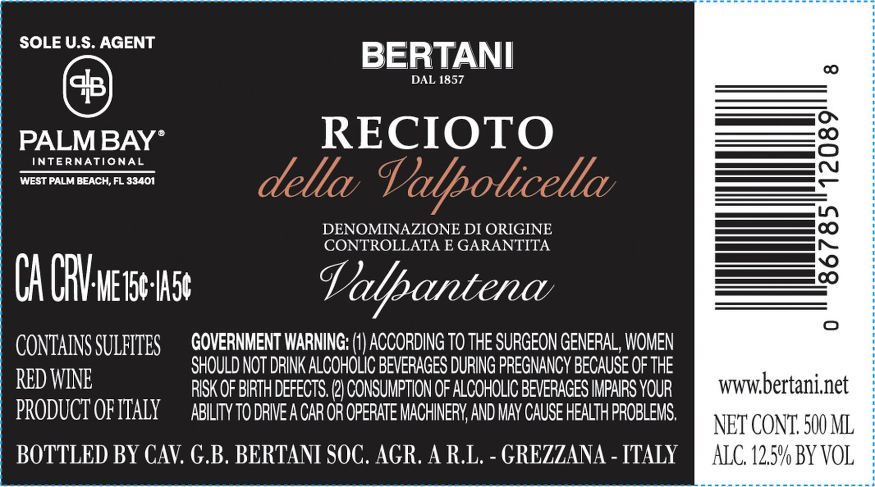 Bertani Recioto della Valpolicella Valpantena DOCG 2023 - Back Label