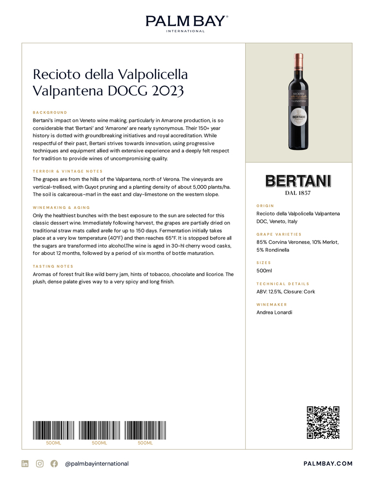 Bertani Recioto della Valpolicella Valpantena DOCG 2023 - Tech Sheet