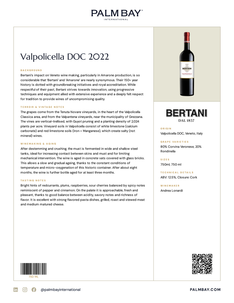 Bertani Valpolicella DOC 2022 - Tech Sheet
