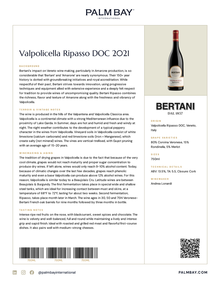Bertani Valpolicella Ripasso DOC 2021 - Tech Sheet