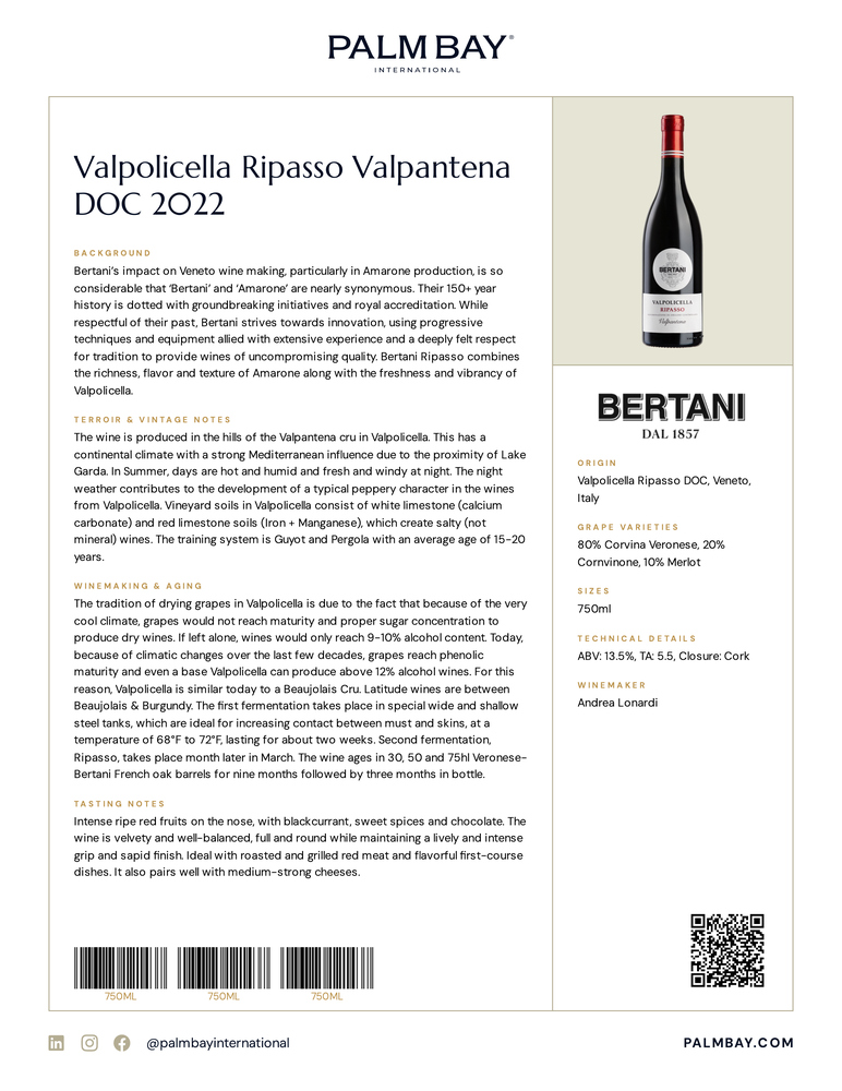 Bertani Valpolicella Ripasso Valpantena DOC 2022 - Tech Sheet