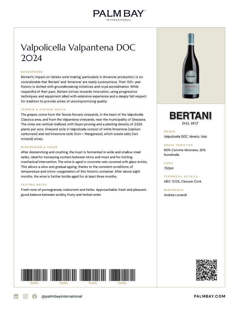 Bertani Valpolicella Valpantena DOC 2024 - Tech Sheet