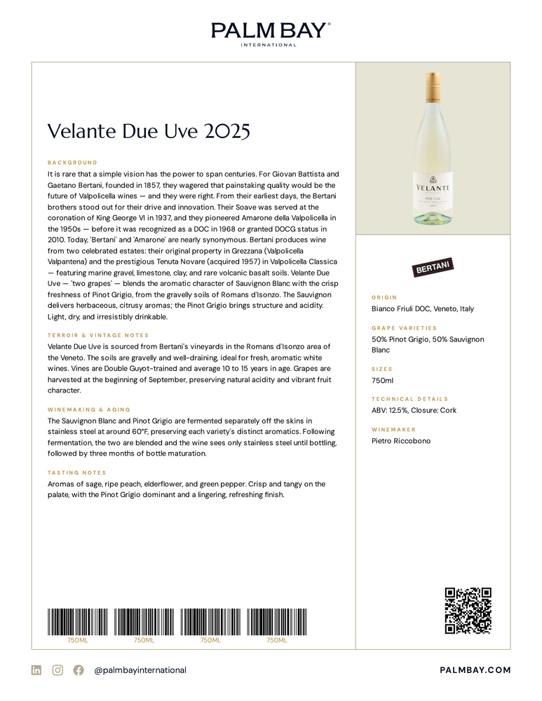 Bertani Velante Due Uve 2025 - Tech Sheet