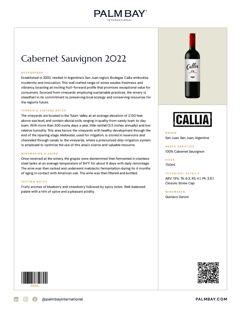 Bodegas Callia Cabernet Sauvignon 2022 - Tech Sheet