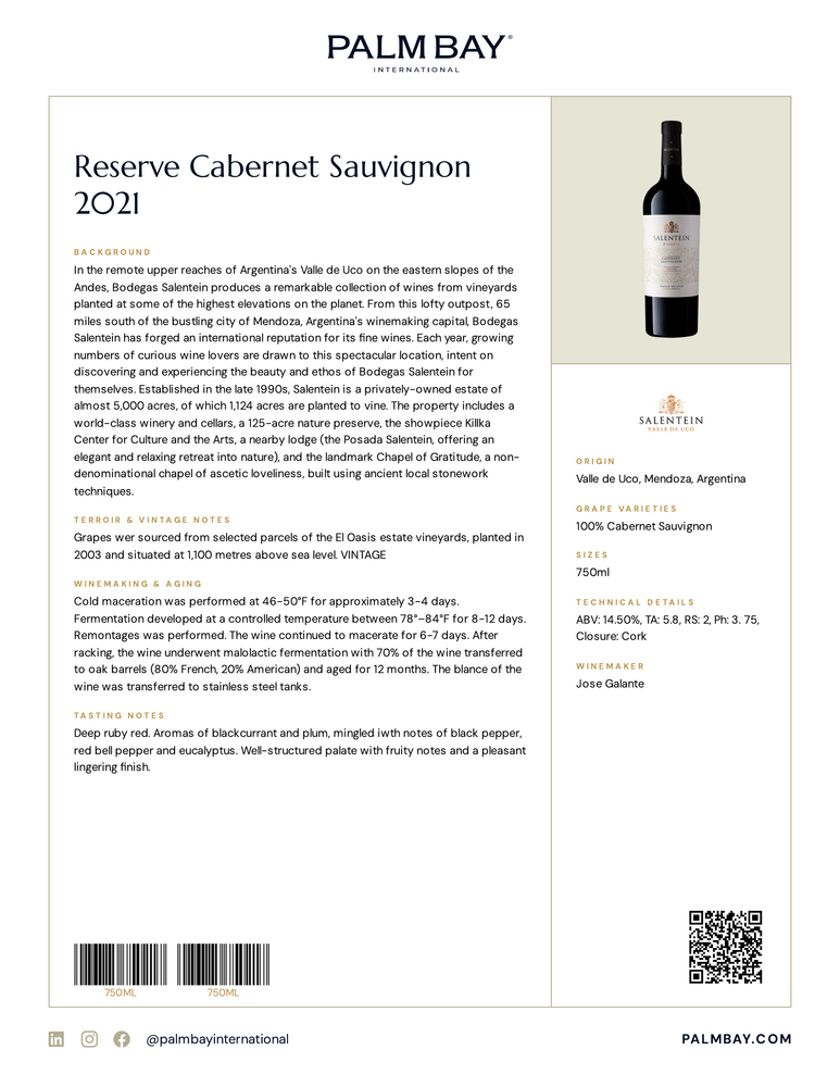 Bodegas Salentein Reserve Cabernet Sauvignon 2021 - Tech Sheet