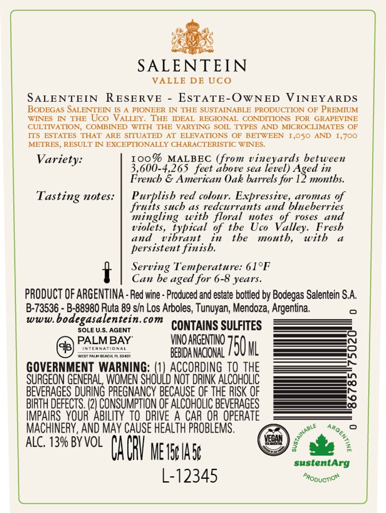 Bodegas Salentein Reserve Malbec 2024 - Back Label