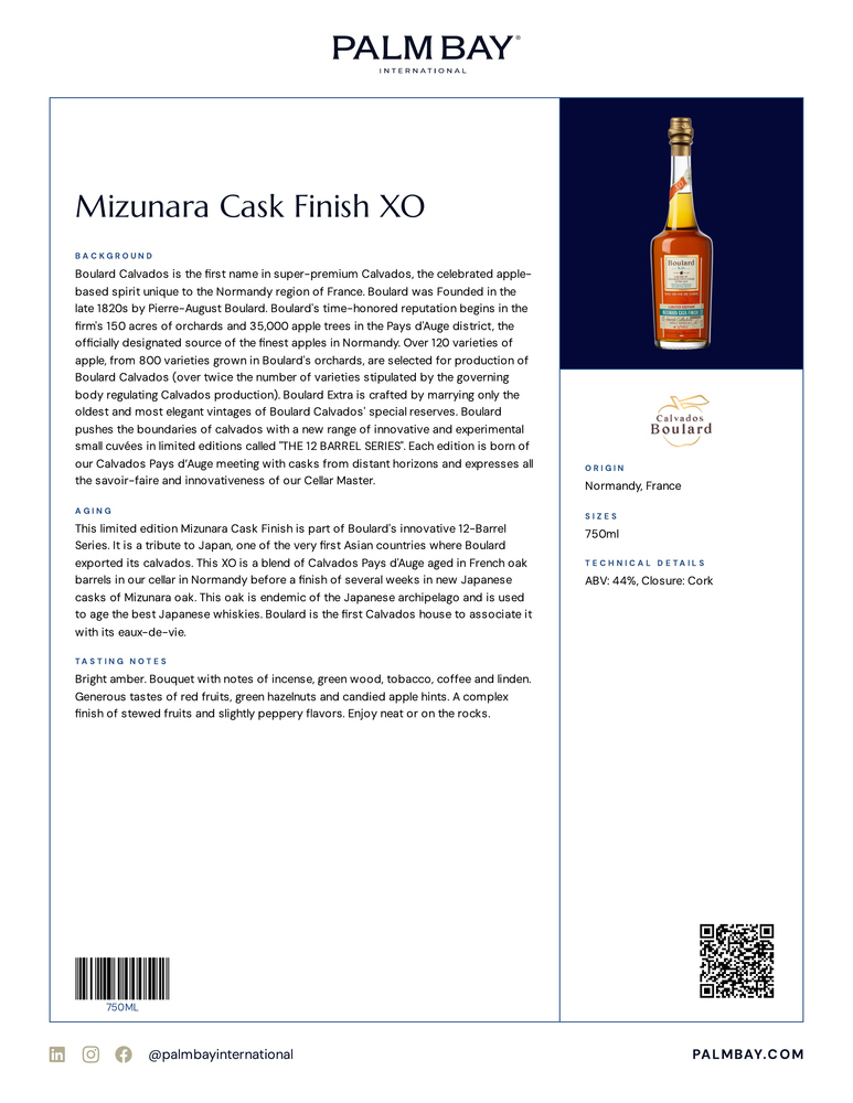 Calvados Boulard Mizunara Cask Finish XO - Tech Sheet
