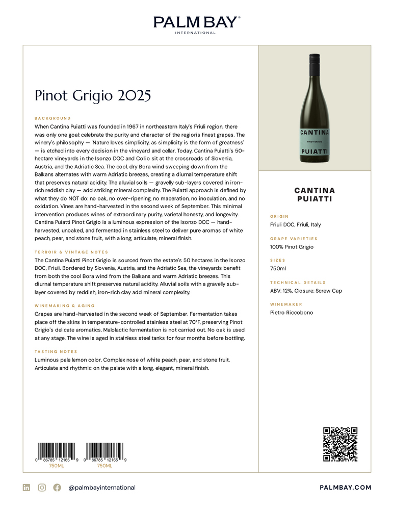 Cantina Puiatti Pinot Grigio 2025 - Tech Sheet