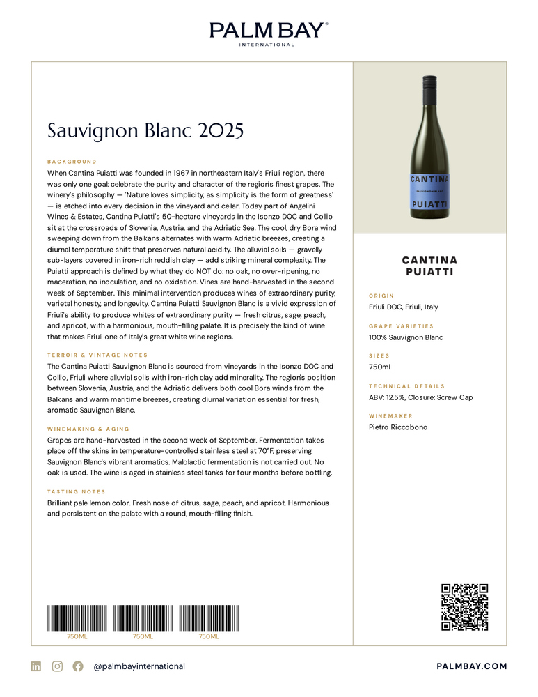 Cantina Puiatti Sauvignon Blanc 2025 - Tech Sheet