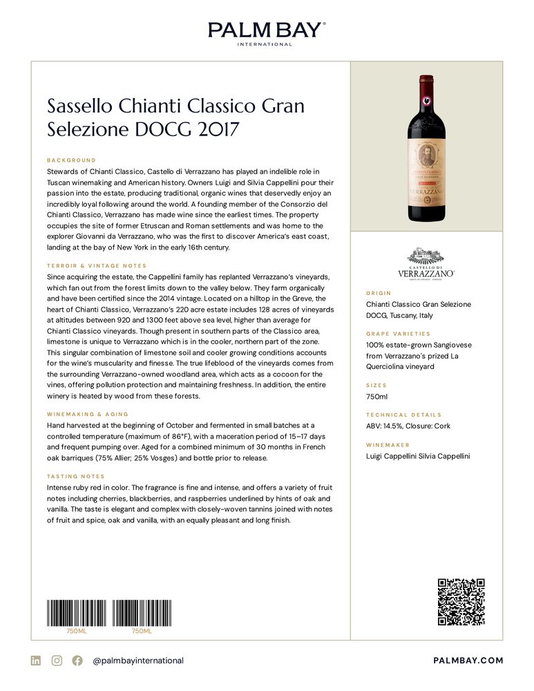 Castello di Verrazzano Sassello Chianti Classico Gran Selezione DOCG 2017 - Tech Sheet