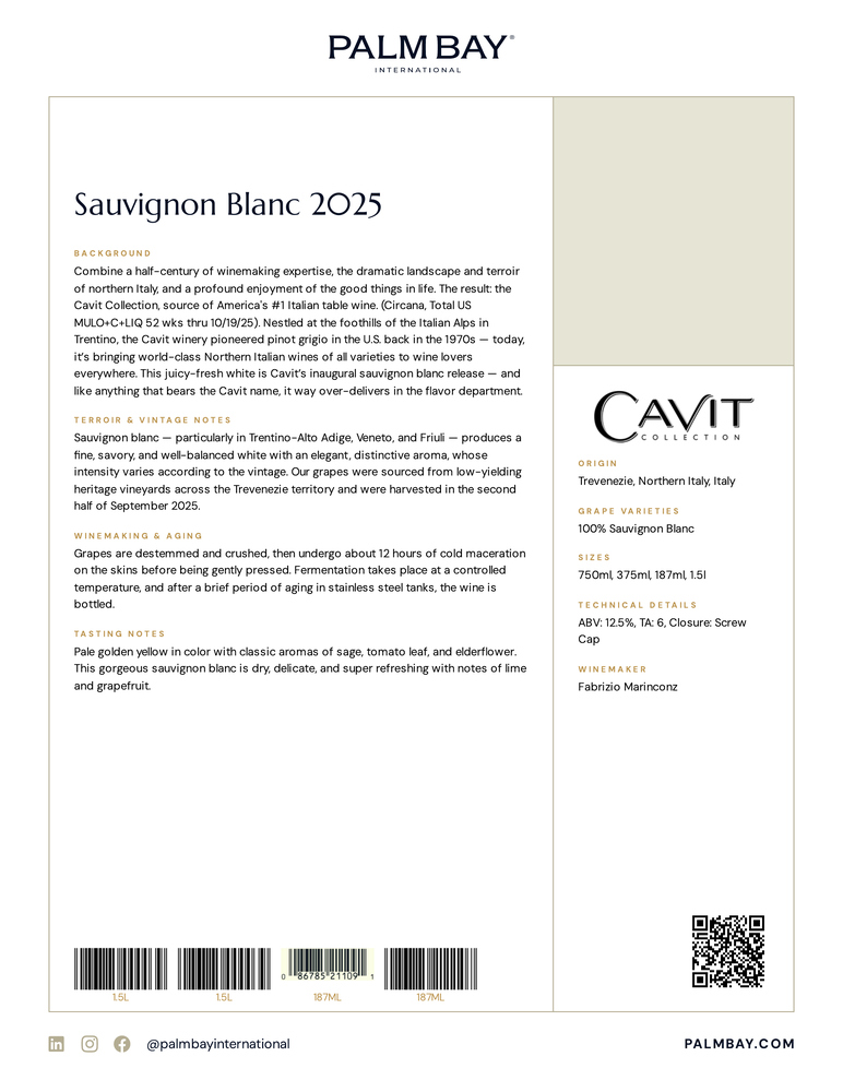 Cavit Sauvignon Blanc 2025 - Tech Sheet