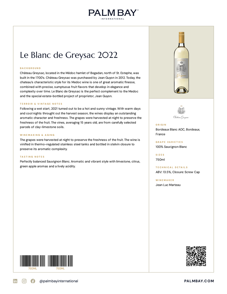 Château Greysac Le Blanc de Greysac 2022 - Tech Sheet