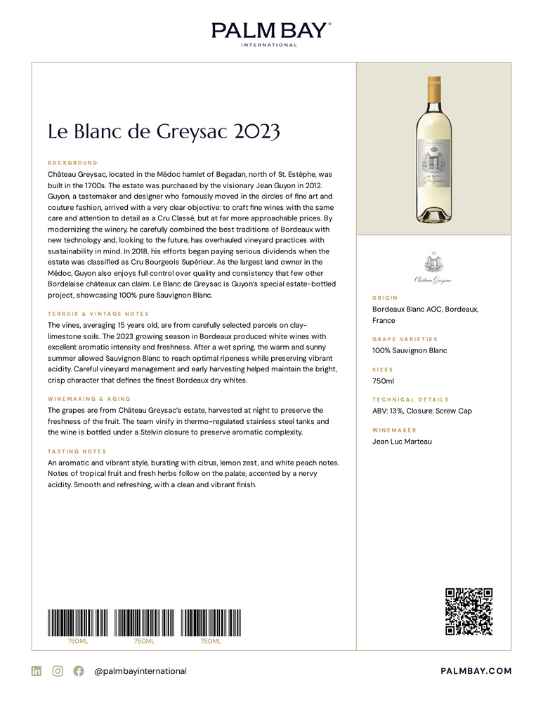 Château Greysac Le Blanc de Greysac 2023 - Tech Sheet