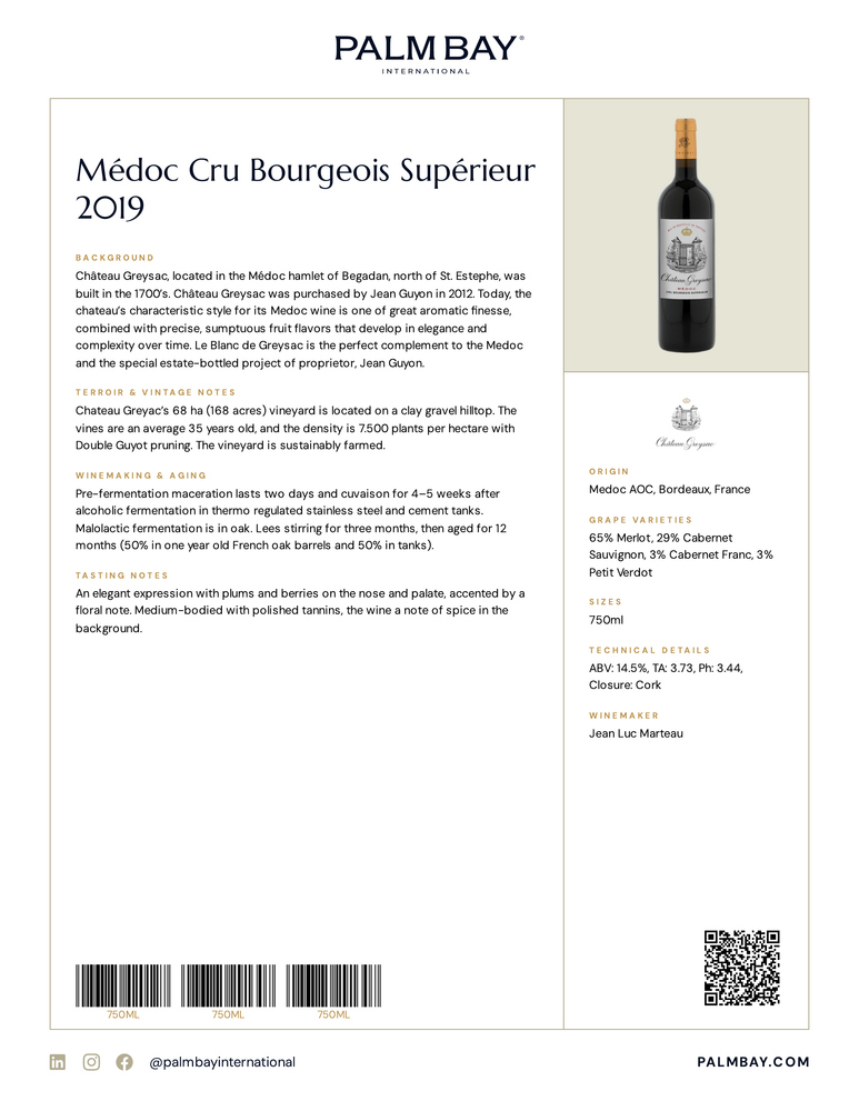 Château Greysac Médoc Cru Bourgeois Supérieur 2019 - Tech Sheet