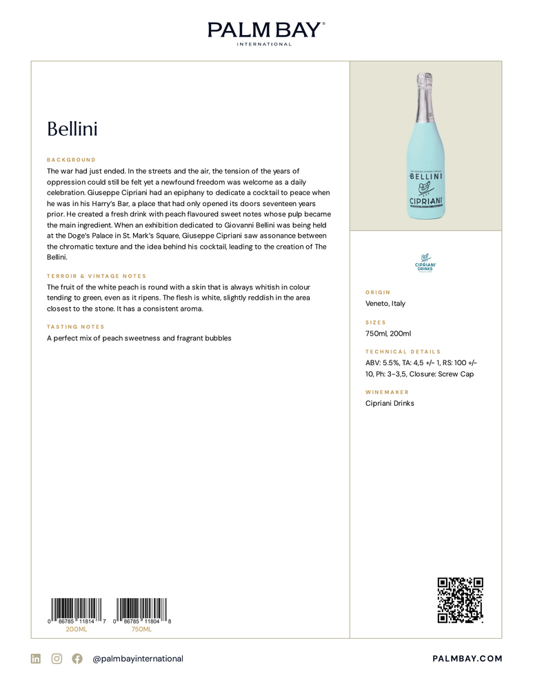 Cipriani Drinks Bellini - Tech Sheet