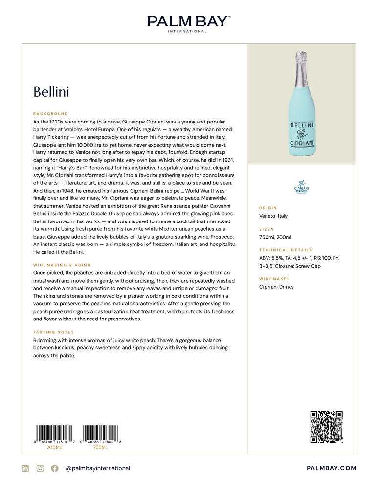 Cipriani Drinks Bellini - Tech Sheet