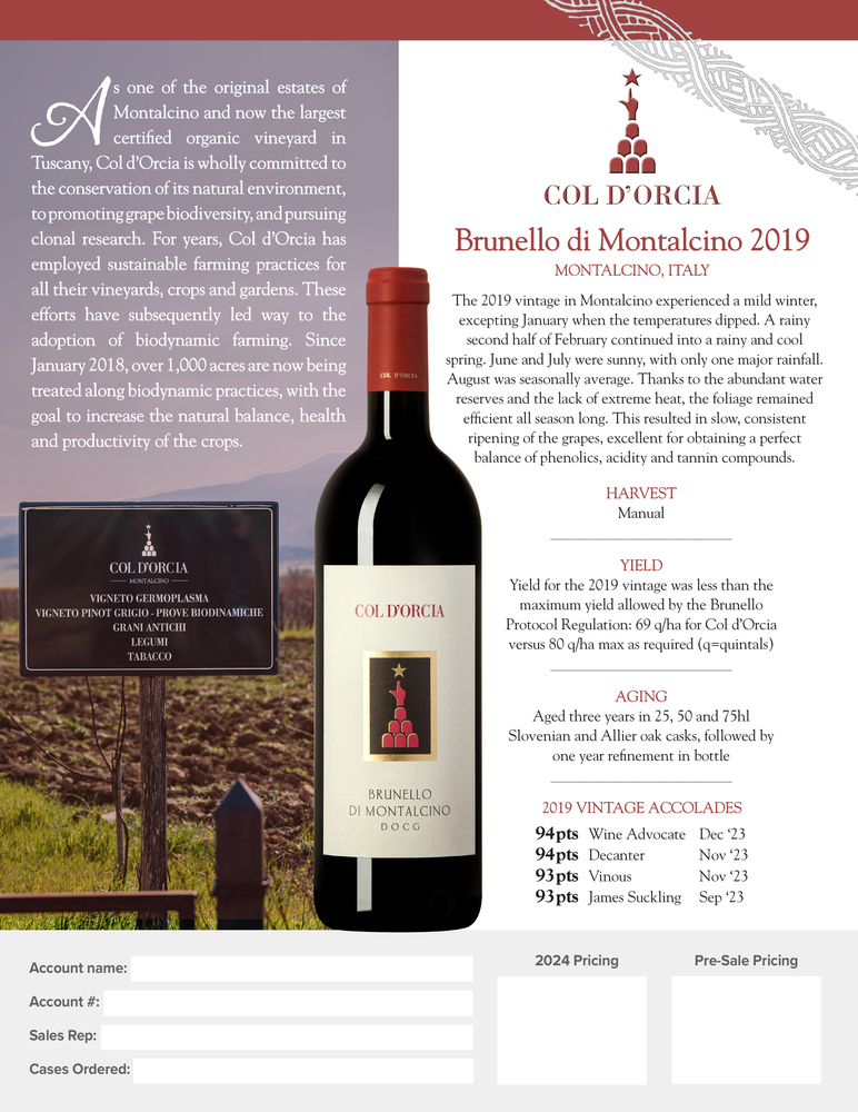 Col d'Orcia 2019 Brunello_2016 Poggio_PreSell Sell Sheet