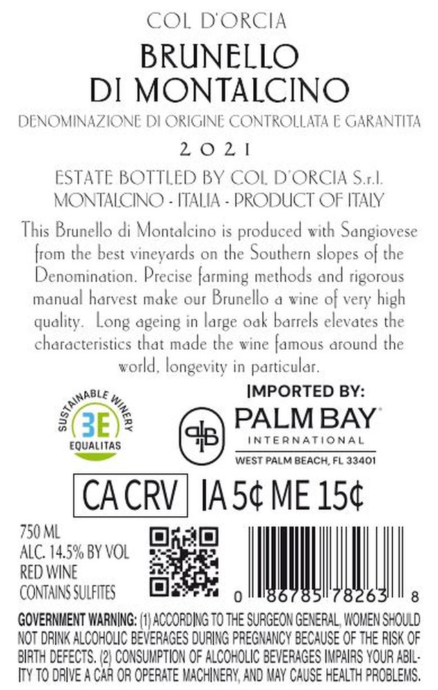 Col d’Orcia Brunello di Montalcino 2021 - Back Label