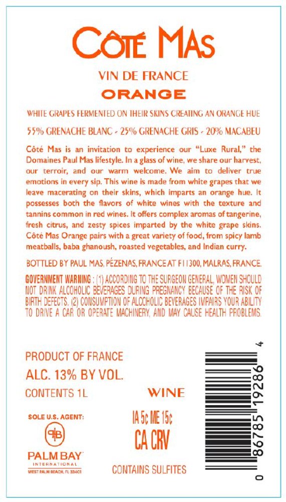 Côté Mas Orange Vin de France 2024 - Back Label