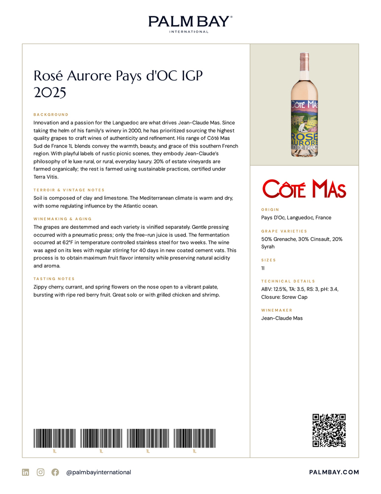 Côté Mas Rosé Aurore Pays d'OC IGP 2025 - Tech Sheet