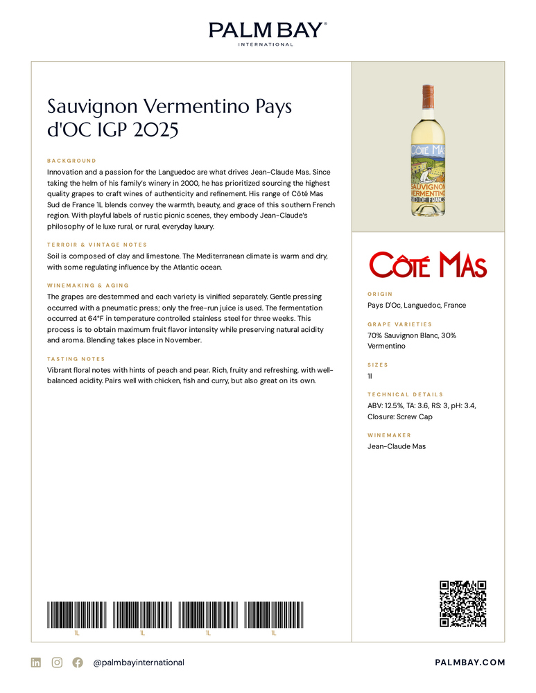 Côté Mas Sauvignon Vermentino Pays d'OC IGP 2025 - Tech Sheet