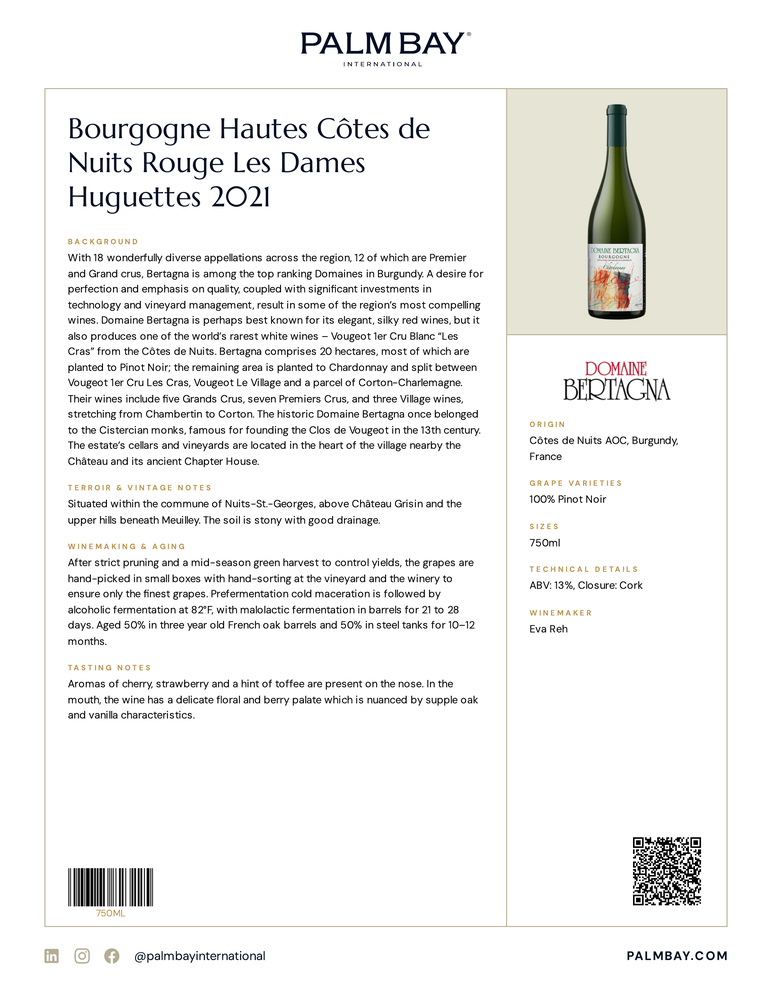 Domaine Bertagna Bourgogne Hautes Côtes de Nuits Rouge Les Dames Huguettes 2021 - Tech Sheet
