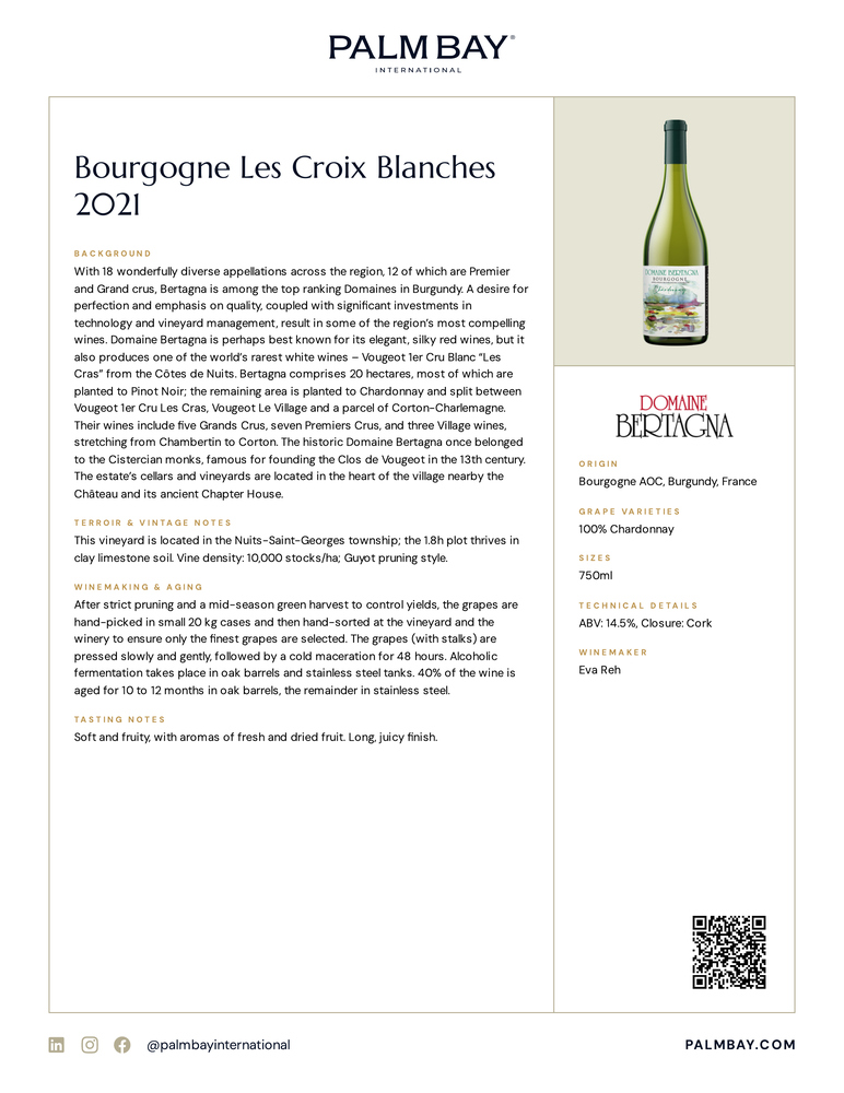 Domaine Bertagna Bourgogne Les Croix Blanches 2021 - Tech Sheet