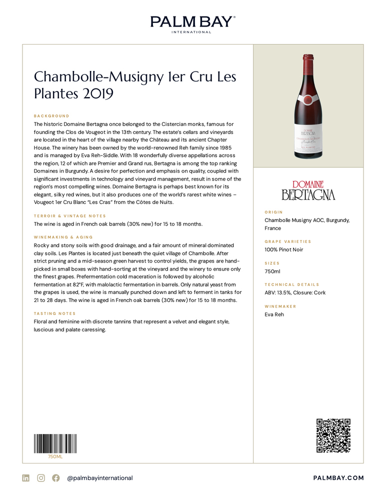 Domaine Bertagna Chambolle-Musigny 1er Cru Les Plantes - Tech Sheet