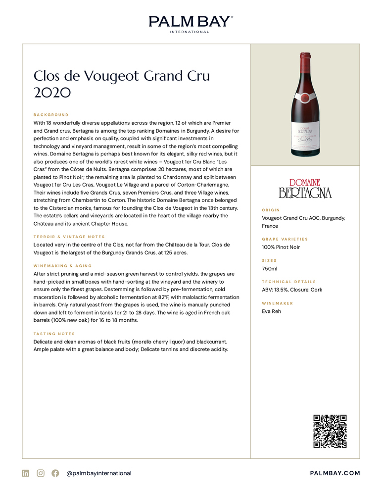 Domaine Bertagna Clos de Vougeot Grand Cru 2020 - Tech Sheet