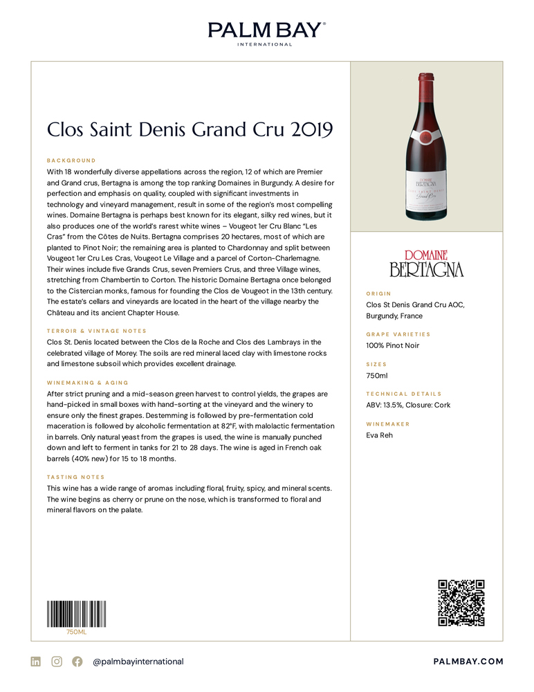 Domaine Bertagna Clos Saint Denis Grand Cru 2019 - Tech Sheet