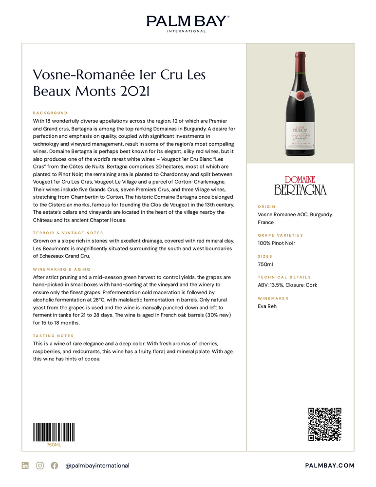Domaine Bertagna Vosne-Romanée 1er Cru Les Beaux Monts 2021 - Tech Sheet