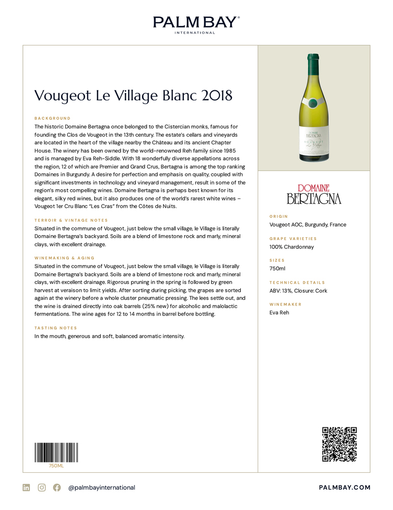 Domaine Bertagna Vougeot Le Village Blanc 2020 - Tech Sheet