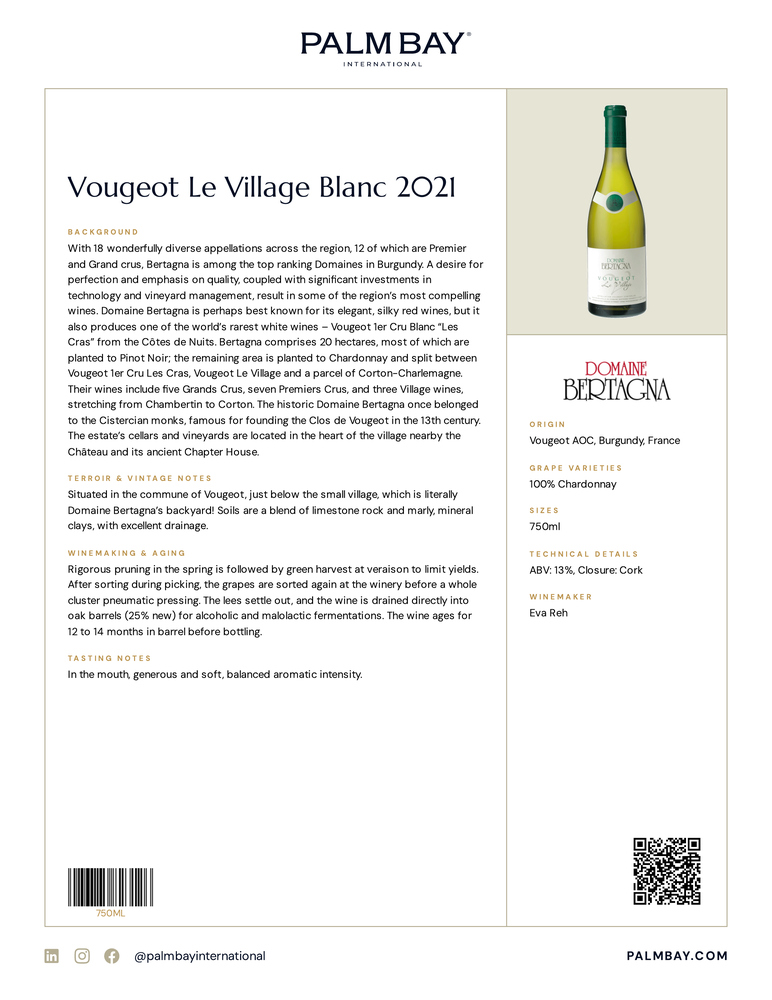 Domaine Bertagna Vougeot Le Village Blanc 2021 - Tech Sheet