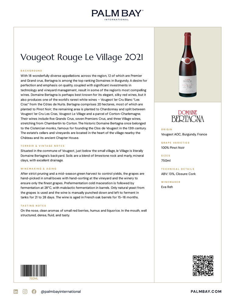 Domaine Bertagna Vougeot Rouge Le Village 2021 - Tech Sheet