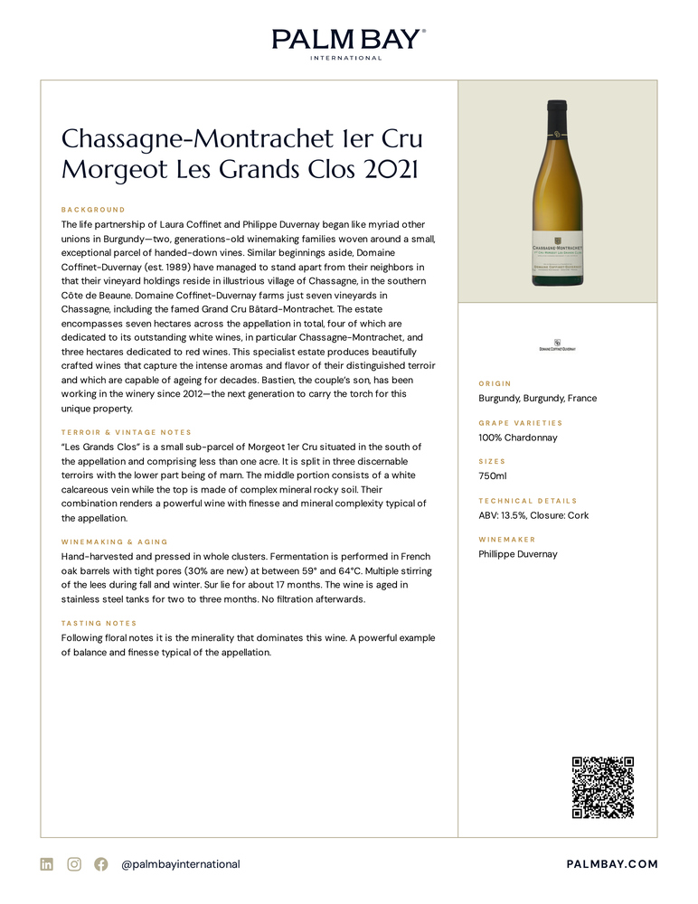 Domaine Coffinet-Duvernay Chassagne-Montrachet 1er Cru Morgeot Les Grands Clos 2021 - Tech Sheet