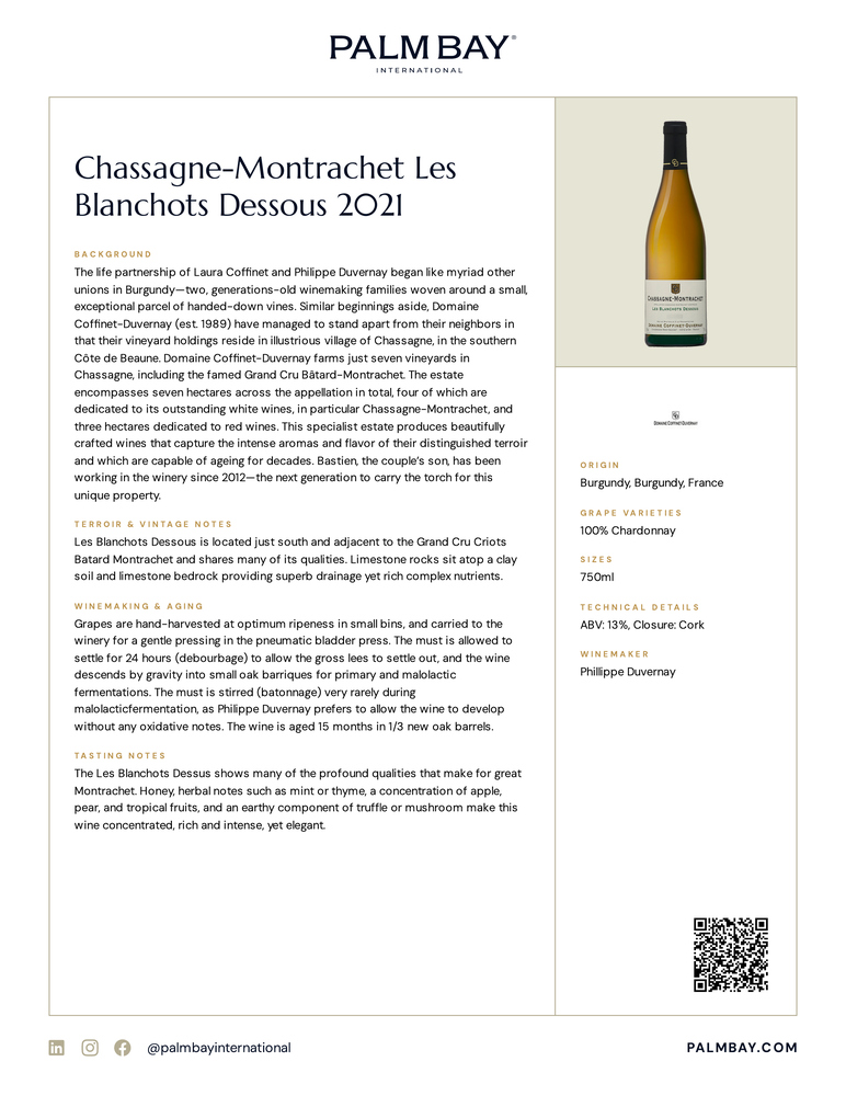 Domaine Coffinet-Duvernay Chassagne-Montrachet Les Blanchots Dessous 2021 - Tech Sheet