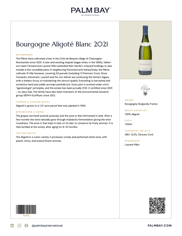 Domaine Fernand et Laurent Pillot Bourgogne Aligoté Blanc 2021 - Tech Sheet