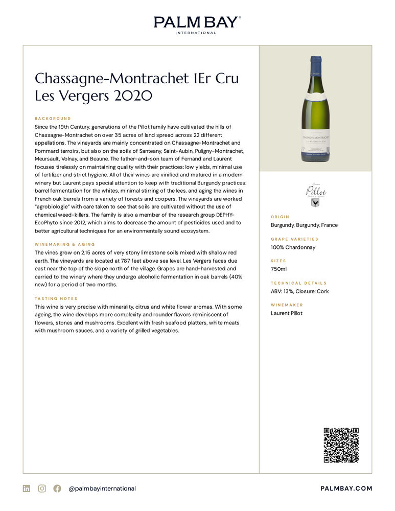 Domaine Fernand et Laurent Pillot Chassagne-Montrachet 1Er Cru Les Vergers 2020 - Tech Sheet