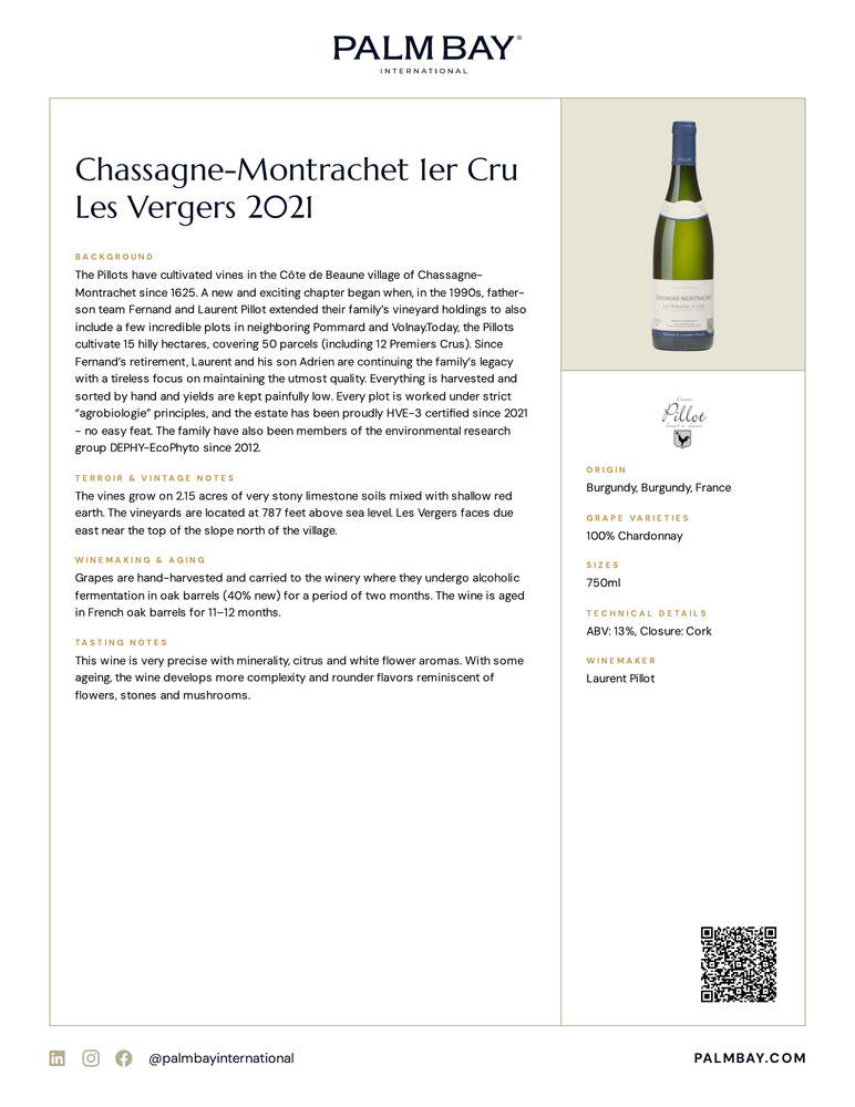 Domaine Fernand et Laurent Pillot Chassagne-Montrachet 1er Cru Les Vergers 2021 - Tech Sheet