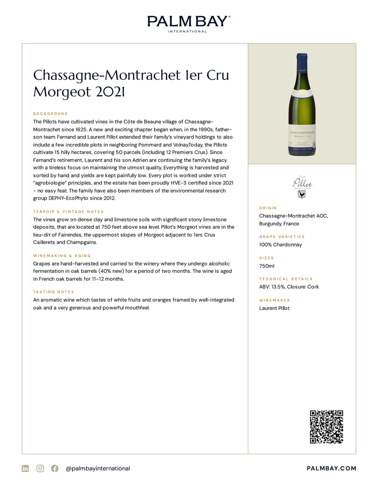 Domaine Fernand et Laurent Pillot Chassagne-Montrachet 1er Cru Morgeot 2021 - Tech Sheet
