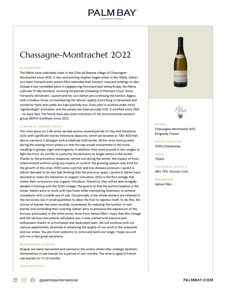 Domaine Fernand et Laurent Pillot Chassagne-Montrachet 2022 - Tech Sheet
