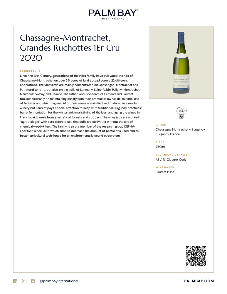 Domaine Fernand et Laurent Pillot Chassagne-Montrachet, Grandes Ruchottes 1Er Cru 2020 - Tech Sheet