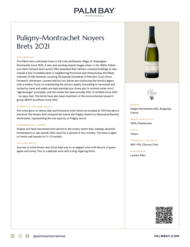 Domaine Fernand et Laurent Pillot Puligny-Montrachet Noyers Brets 2021 - Tech Sheet